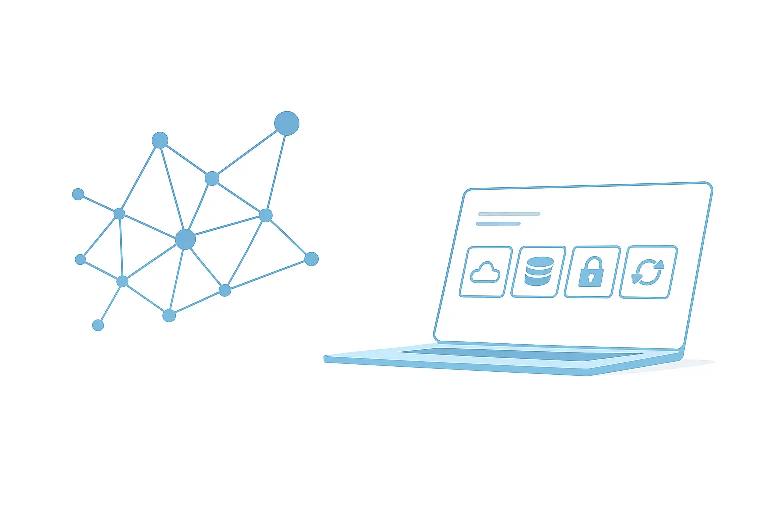 Digitale Lösungen: Netzwerk-Illustration mit Laptop und Cloud-, Datenbank- und Sicherheits-Symbolen – Motion IT Digitale Lösungen