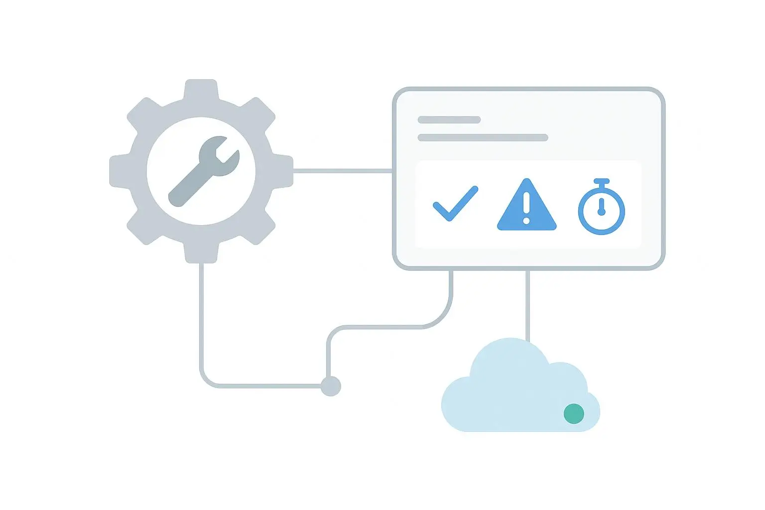 Illustration: Cloud-System mit Wartungssymbolen wie Zahnrad, Checkliste und Warnhinweis – Motion IT Betreuung & Wartung