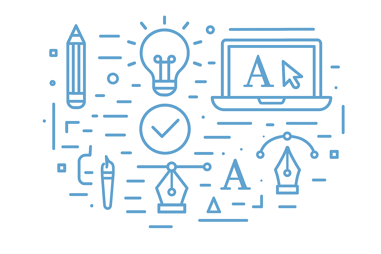 Illustration: Designprozess mit Laptop, Stift, Lichtidee und Icons – Motion IT Branding & Design